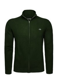 Suéter de punto de cremallera completa en verde oscuro, con mangas largas, cuello alto y pequeño logo bordado en el lado izquierdo del pecho.
