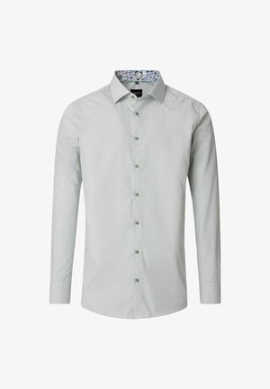 Jasnozielona koszula w paski z długimi rękawami, z guzikami z przodu i wzorzystym wewnętrznym kołnierzykiem. Slim fit, z zaokrąglonym dołem.
