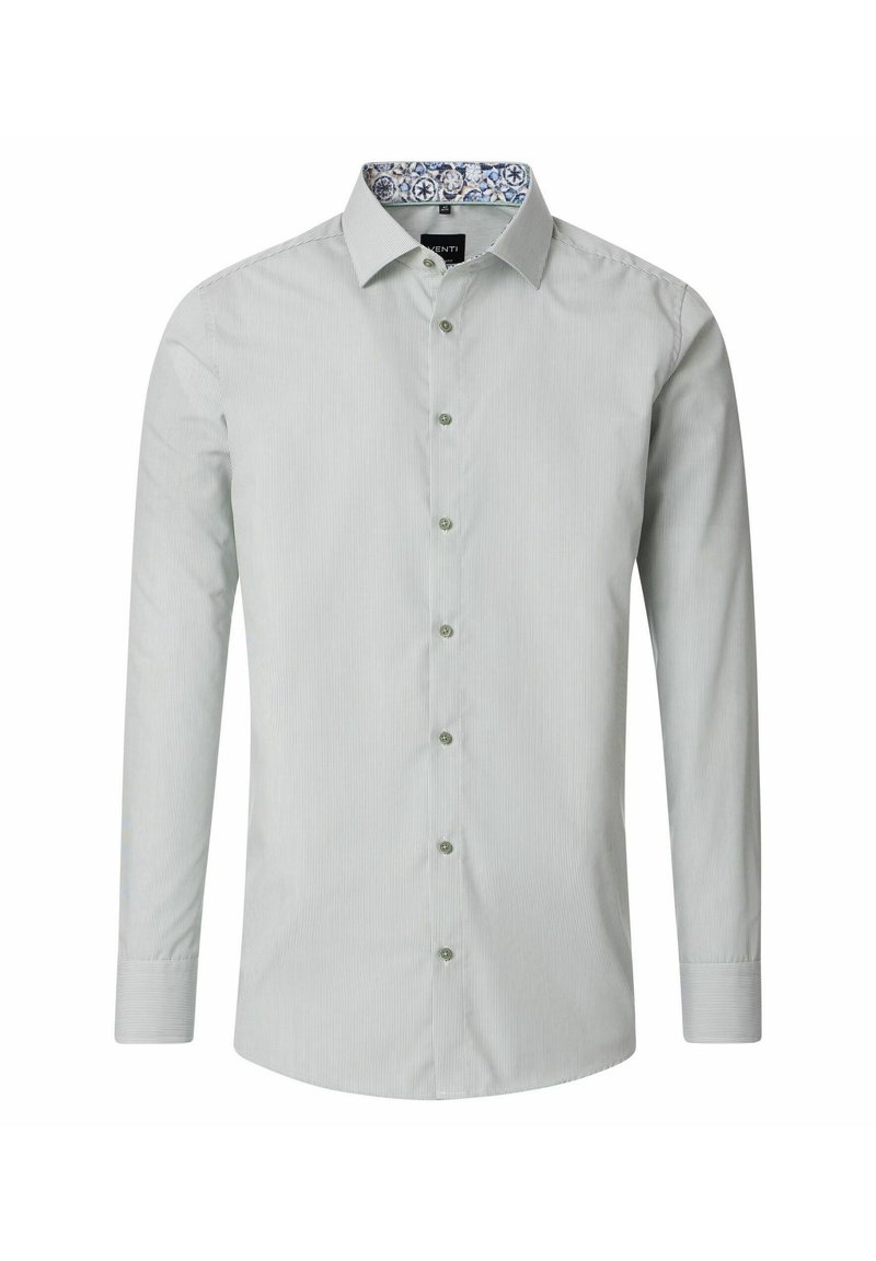 Jasnozielona koszula w paski z długimi rękawami, z guzikami z przodu i wzorzystym wewnętrznym kołnierzykiem. Slim fit, z zaokrąglonym dołem.