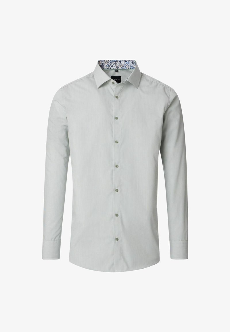 Jasnozielona koszula w paski z długimi rękawami, z guzikami z przodu i wzorzystym wewnętrznym kołnierzykiem. Slim fit, z zaokrąglonym dołem.