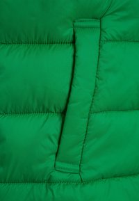 Grön puffjacka med quiltade sektioner och en framträdande sydd flik. Slät textur med matt yta.