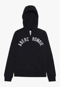 Marineblå zip-up hættejakke lavet af bomuldsblanding, med en tætsiddende design, frontlommer og hvid tekst, der siger "ABERCROMBIE" på brystområdet.