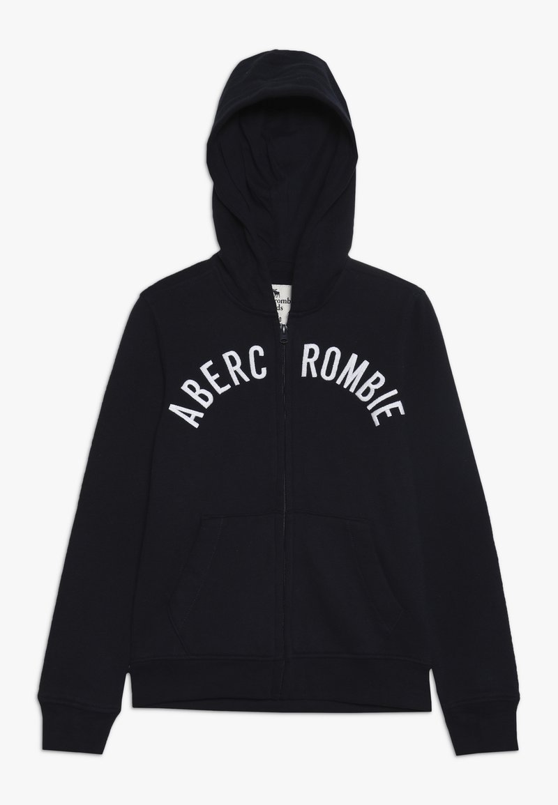 Marineblå zip-up hættejakke lavet af bomuldsblanding, med en tætsiddende design, frontlommer og hvid tekst, der siger "ABERCROMBIE" på brystområdet.