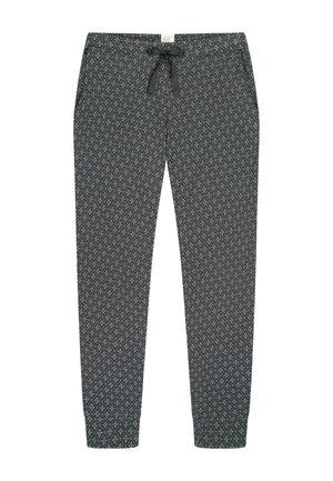 Joggers a fantasia in tessuto grigio scuro con un motivo a rombi, polsini elastici e una vita con coulisse nera.