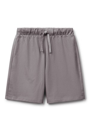 Grå afslappede shorts med elastisk talje og snøre foran, lavet af blødt stof, lagt fladt på en hvid baggrund.