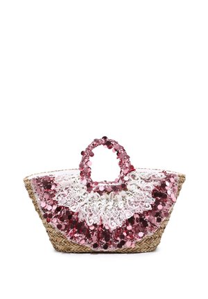 Geweven strooitas versierd met grote roze pailletten en witte kanten details, met ronde handvatten bedekt met roze pailletten.