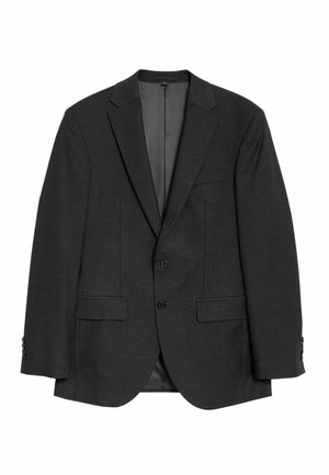 Dark gray blazer made of textured fabric, featuring a notch lapel, two front pockets, and buttoned cuffs with three buttons each.