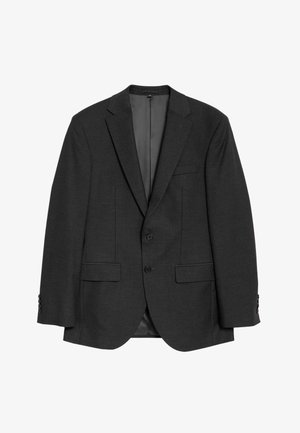 Dark gray blazer made of textured fabric, featuring a notch lapel, two front pockets, and buttoned cuffs with three buttons each.