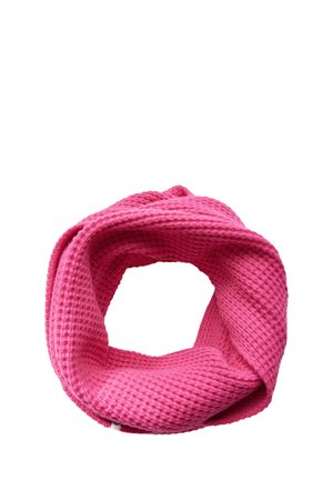 Pink textured infinity scarf made of a waffle-knit fabric. The design features a continuous loop with a soft, cozy appearance.
