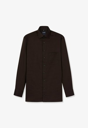 Dunkelbraunes Langarmhemd mit Knopfleiste, einer Brusttasche und einem strukturierten Muster. Es hat einen klassischen Kragen und schwarze Knöpfe.