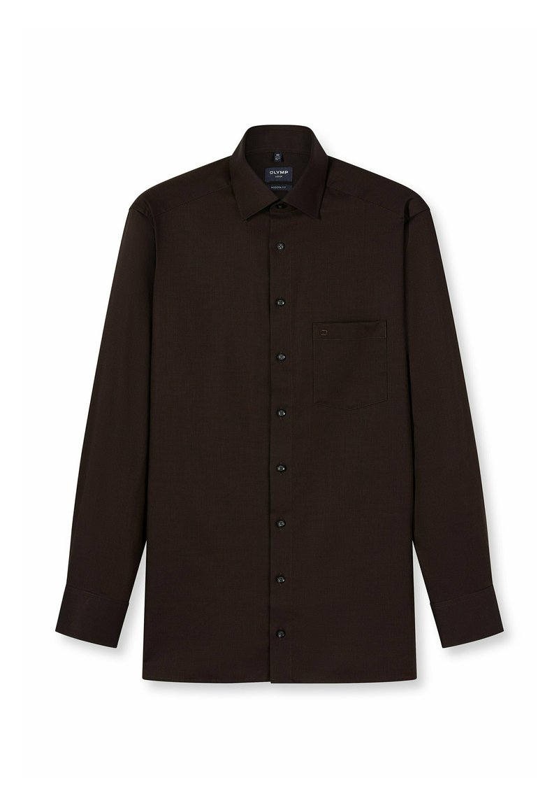 Donkerbruine blouse met lange mouwen, een knoopsluiting aan de voorkant, een borstzak en een getextureerd patroon. Kenmerkt zich door een klassieke kraag en zwarte knopen.