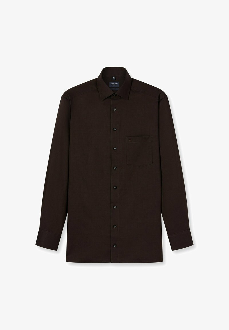 Donkerbruine blouse met lange mouwen, een knoopsluiting aan de voorkant, een borstzak en een getextureerd patroon. Kenmerkt zich door een klassieke kraag en zwarte knopen.