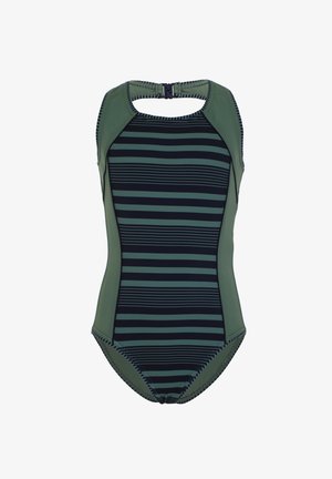 One-piece swimwear featuring a dark green and navy striped design, with molded panels, a scoop neck, and a secure back fastening.