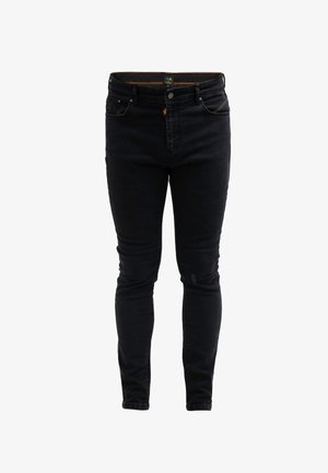 Schwarze Jeans aus Denim mit schmaler Passform, Fünf-Taschen-Design und kontrastierenden orangen Nähten an den Nähten. Reisverschluss und Metallknopf.