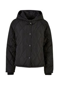 Gepolsterte schwarze Jacke mit Kapuze, Druckknopfverschluss und gerippten Bündchen. Verfügt über ein Diamantmuster und eine weiche, matte Oberfläche.
