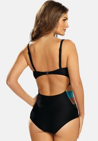 Czarny jednoczęściowy strój kąpielowy z regulowanymi ramiączkami, wycięciem na plecach oraz kolorowymi żebrowanymi detalami po bokach w odcieniach brązu, niebieskiego i czarnego. Gładka struktura.