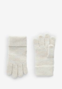 Guantes de punto en blanco roto con puños acanalados. Tejido texturizado con un sutil patrón moteado. Diseño de cinco dedos para una cálida cobertura de las manos.