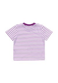 T-shirt a righe con maniche corte, caratterizzata da strisce orizzontali bianche e viola. Collo rotondo di un viola uniforme. Tessuto in cotone morbido.