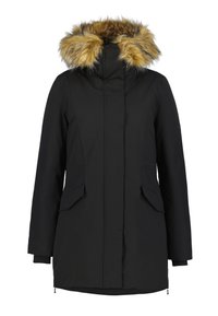 Parka invernale nera con tasche frontali e cappuccio foderato con rifinitura in pelliccia sintetica marrone e nera.