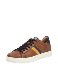 Brown leather sneaker with navy accents and an orange zigzag design. Features black laces and a white rubber sole. Textured surface.