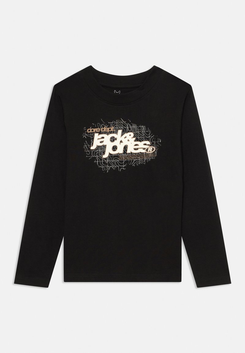 Svart langermet T-skjorte laget av bomull, med et stilisert hvitt og beige logo-print med bølgende linjemønstre på forsiden.