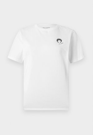 Maglietta bianca in cotone con una piccola grafica di un riccio e la scritta "kate spade" ricamata sul petto a sinistra. Design a maniche corte.