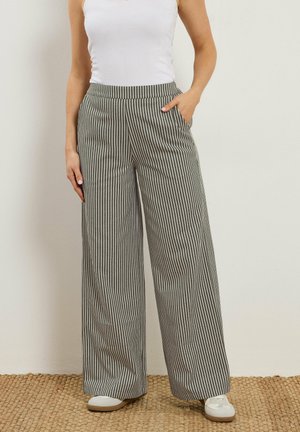 Person trägt hoch taillierte, grau-weiße vertikal gestreifte weite Hose mit Taschen und weißen Sneakers auf einem gewebten Boden.