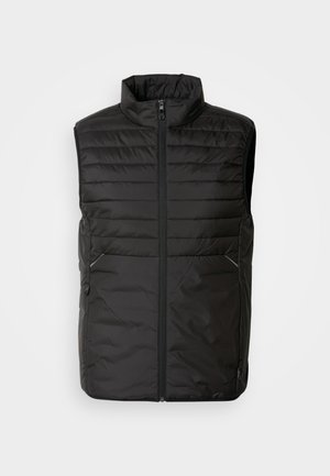 Gilet sans manches matelassé noir avec un col haut, fermeture éclair à l'avant et deux poches latérales. Présente un détail de marque subtil à l'avant.