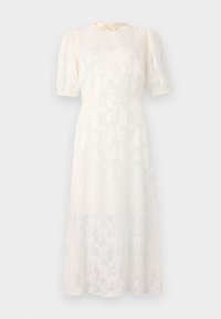 Bijela haljina s cvjetnim uzorkom izrađena od lagane tkanine, s kratkim napučenim rukavima i vezanjem oko vrata, koja ima lepršavi, do koljena dugačak siluetu.