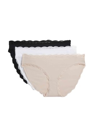 Three lace-trimmed women's bikini briefs in beige, white, and black, stacked on a white background.