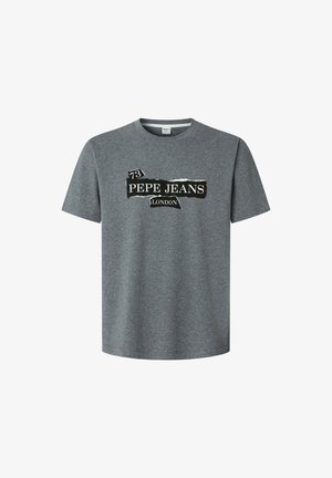 Hõbedane lühikeste varrukatega puuvillane T-särk, millel on must-valge graafiline trükk "PEPE JEANS LONDON" ja esiküljel number "73".