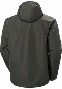 Donkergroene waterdichte jas met capuchon. Heeft een gladde, matte afwerking en geen zichtbare hardware. De achterkant toont een rechte snit en naaddetails.