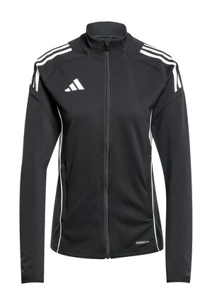 Black athletic jacket with a high collar, full zip, white accent stripes on shoulders, and "AEROREADY" branding on the lower front.