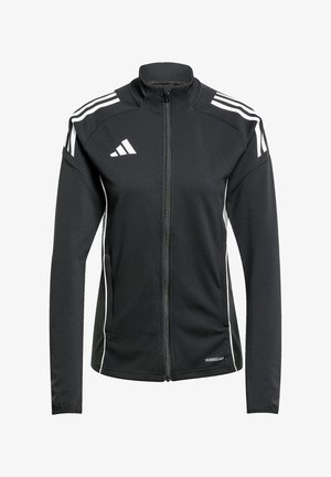 Schwarze Sportjacke mit hohem Kragen, durchgehendem Reißverschluss, weißen Akzentstreifen auf den Schultern und "AEROREADY"-Logo auf der unteren Vorderseite.