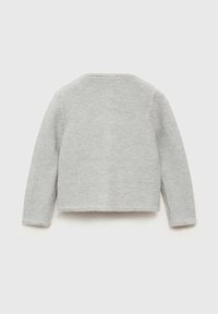 Ljust grå stickad cardigan med långa ärmar, rund halsringning och ett strukturerat mönster, som slutar ovanför midjan med en ribbad fåll.