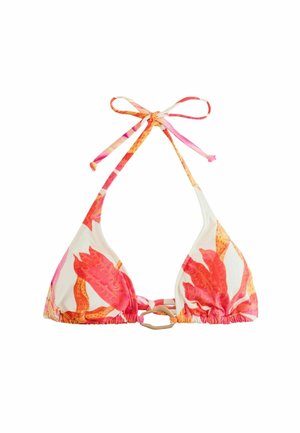 Trójkątny top od bikini z różowym i pomarańczowym kwiatowym wzorem, regulowanym wiązaniem na szyi oraz ozdobnym pierścieniem na środku z przodu.