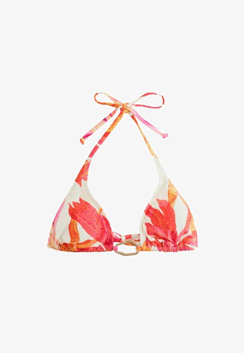 Haut de bikini triangle avec imprimé floral rose et orange, lien réglable au cou et détail anneau au centre devant.