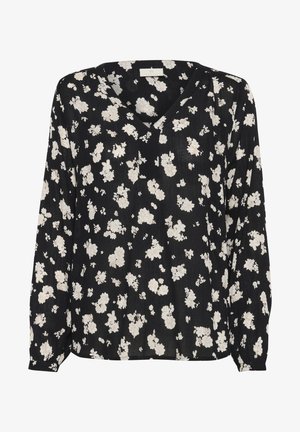 Schwarze Bluse mit langen Ärmeln, V-Ausschnitt und weißem Blumendruck, aus leichtem, strukturiertem Stoff und in lockerer Passform.