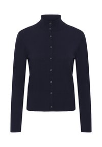 Tengerészkék kötött kardigán magas gallérral, hosszú ujjakkal és hat fekete gombbal záródó elejjel. Puha, sima textúrájú.