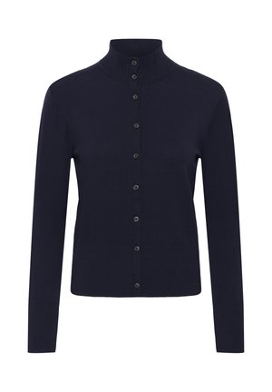 Cardigan de punto azul marino con cuello alto, mangas largas y cierre frontal con seis botones negros. Textura suave y lisa.