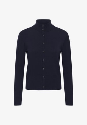 Tumesinine kootud kardigan kõrge kraega, pikkade varrukatega ja eest kuue musta nupuga kinnitatav. Pehme, sileda tekstuuriga.