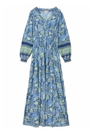 Langärmliges blau-grünes Maxikleid mit Blumenmuster, V-Ausschnitt, geraffter Taille sowie gemusterten Bündchen und Ärmelabschlüssen.