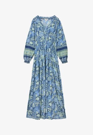 Rochie maxi cu mâneci lungi, albastră și verde, cu imprimeu floral, decolteu în V, talie adunată și manșete și benzi pe mâneci cu model.