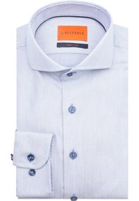 Lichtblauw strijkvrij shirt met een gestructureerd patroon. Kenmerken zijn een klassieke kraag, blauwe knopen en een manchet met één knoop.