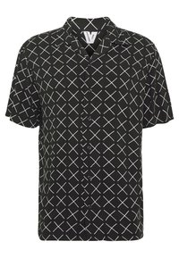 Kurzärmliges Button-Up-Shirt aus schwarzem Stoff mit einem weißen Kreuzmuster. Ausgestattet mit einem Punktkragen und fünf schwarzen Knöpfen auf der Vorderseite.