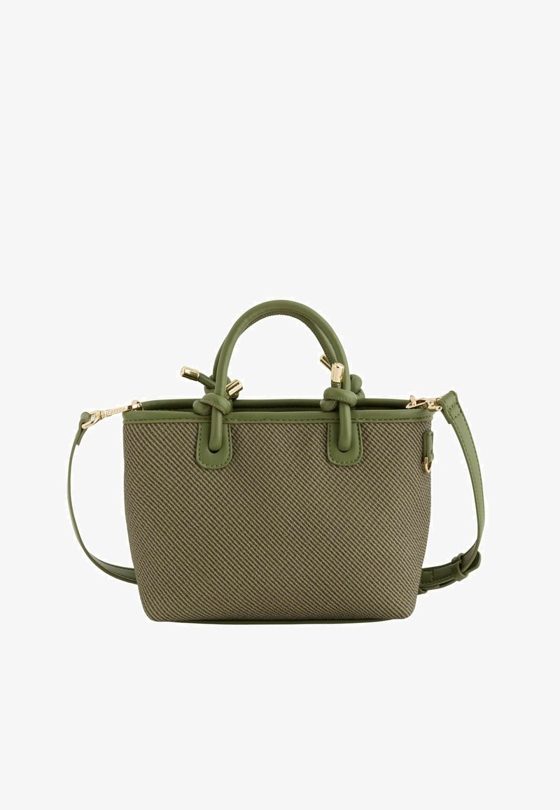 Posetă mică texturată verde măsliniu cu două mânere buclate, accesorii aurii și o curea ajustabilă pentru umăr.