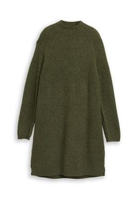 Rippstrickkleid in Dunkelgrün, mit rundem Ausschnitt, langen Ärmeln und seitlichen Schlitzen für Bewegungsfreiheit. Durchgehend weiche Textur.
