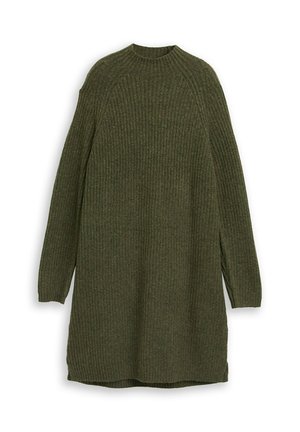 Robe en maille ribballée de couleur vert foncé, avec un col rond, des manches longues et des fentes sur les côtés pour faciliter les mouvements. Texture douce sur l'ensemble.