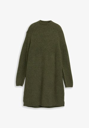 Abito a maglia a coste di colore verde scuro, con colletto rotondo, maniche lunghe e spacchi laterali per facilitare i movimenti. Struttura morbida in tutto l'abito.
