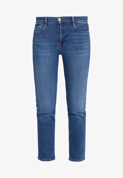 Jeans en denim bleu foncé avec un design classique à cinq poches. Comprend une fermeture éclair, un bouton et une coupe droite. Texture lisse.
